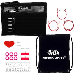 ChiaoGoo Twist Red Lace 4-Inch Mini 7400-M Interchangeable Circular Needle Set, Sizes US 000, 00, 0, 1, 1.5 with 3 Cords, Connectors, Stitch Markers, Stoppers Bundle with 1 Artsiga Crafts Project Bag