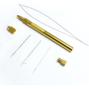 BLUPLE Hair Extension Tools 3 Knitting Hook Needles+ 1 Holder +1 Pulling Needle Loop Threader Aluminum Ventilating Holder and Needles Kit (5 Piece Set, Gold Hair Extension Tools)