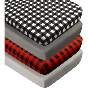 4 Pack Buffalo Check Plaid Neutral Unisex Fitted Baby Crib Sheets Set for Baby Boys or Girls (Black)