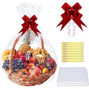 10 عبوات من أكياس هدايا السيلوفان الشفافة الكبيرة مع ربطات عنق وأقواس سحب حمراء مقاس 27 × 37 بوصة أكياس سلة هدايا أكياس تغليف بلاستيكية كبيرة لعيد الميلاد وسلال هدايا وتغليف الحرف اليدوية in Kuwait