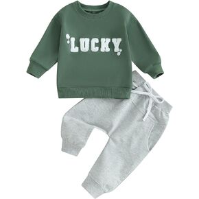 Karuedoo Toddler Baby Boy Girl St. Patrick's Day Outfit Four-Leaf Clover Lucky Letter Embroidery Sweatshirt Top and Pants Set