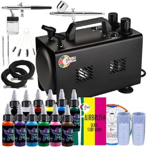 OPHIR Double Outlet Air Brush Painting Set with 1L Airbrush Compressor Tank & 2x Airbrushes Kit with 12 Colors of Airbrush Acrylic Paint Set, 5x Cleaning Brush, 20x Measuring Cups