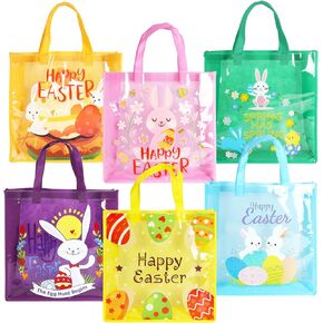 6PCS Happy Easter Egg Hunt Bags Bunny Carrot Chick Egg Gift Bags with Handles, Treat Bags, Multifunctional Non-Woven Bags for Gifts Wrapping, Egg Hunt Game, Easter Party Supplies , 13" ×13" × 4"