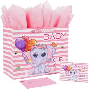 12.6" Large Baby Girl Gift Bag with Tissue Paper and Greeting Card for Baby Shower, Baby Girl Birthday, New Parents, and More.