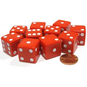 Koplow Games Set of 10 Large Six Sided Square Opaque 19mm D6 Dice - Red with White Pip Die