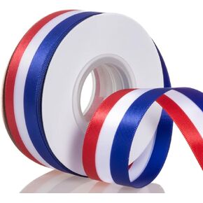 Red, White, and Blue Striped Double-Face Satin Ribbon - 1" x 20 Yards - Ideal for Memorial Day and Independence Day Decorations, Wreaths, and DIY Projects