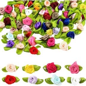Mini Ribbon Roses, 200Pcs Artificial Fabric Flowers with Green Leaves Mixed Color Small Ribbon Roses Flowers Rosettes Mini Flowers for Crafts DIY Sewing Decoration Wedding Festival Accessories