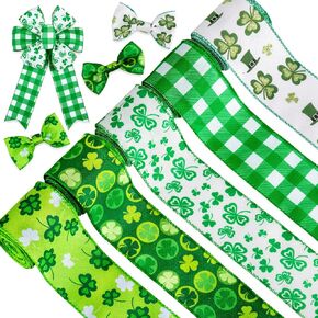 Whaline 30 Yards St. Patrick's Day Wired Edge Ribbon Shamrock Clover Patterned Ribbon Decorative Green Plaid Ribbon Wrapping Gift Ribbon for Bow Making Crafts Sewing Party Decoration, 5 Rolls, 2.5 in