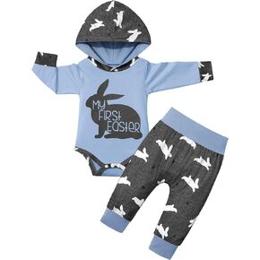 Ribabz Baby Boy Easter Outfit, Easter Outfit Baby Boy Bunny Printed Hoodie Rompers Pant Sets My First Easter Baby Boy Outfit