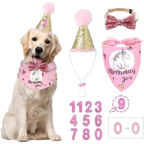 BANMODER Dog Birthday Bandana,Multi Size Square Scarf,Dog Birthday Hat with Numbers,Dog Girl Birthday Party Supplies for Large X-Large Dogs
