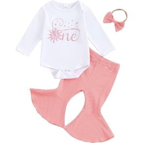 Baby Girl First Birthday Outfit Winter Onederland Snowflake One Romper Flare Pants Set Cake Smash Outfit Photo