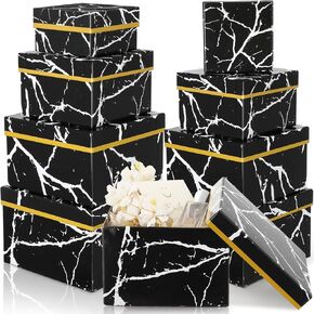 8 Set Nesting Gift Boxes with Lids for Presents Marble Floral Gift Boxes Arrangements Flowers Boxes 4 Assorted Sizes with Bow for Wedding Baby Bridal Shower (Black and White,Square)