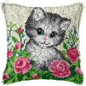 Latch Hook Kits Pillow Flower Cat Crochet Yarn Rug Pre-Printed Cushion DIY Needlework Pillowcase Hook and Latch Kit Christmas Home Sofa Decoration 43x43cm