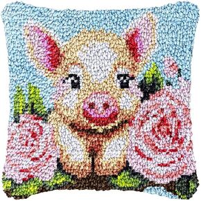 Flower Pig Latch Hook Pillow Kit Set Cushion Cover Latch Hook Kits Throw Pillowcase Craft Needlework Printed Pattern Canvas Cushion Cover Hand Craft 17 x 17 Inch