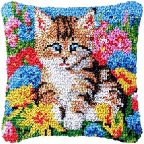 Latch Hook Kits Square Pillowcase Kits with Flowers Cat Latch Hook Cushion Rug Throw Pillow Mat Embroidery Craft Kits for Beginner with Printed Pattern Canvas Home Decor 43x43cm