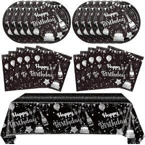 41PCS Navy Blue and Black Birthday Party Decorations Happy Birthday Tableware Supplies Set Including Plates Napkins Tablecloth for Men Women