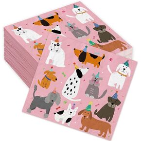 JarThenaAMCS 100 Sheets Dog Party Napkins Pink Cocktail Paper Napkins Cute Puppy Disposable Beverage Napkins for Pet Animal Party Drink Table Decor Supplies