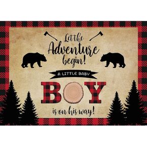 Lumberjack Baby Shower Backdrop Bear and Deer Buffalo Plaid Wilderness Photography Background Thin Vinyl Baby Birthday Decoration Party Supplies Bannner SK6209B