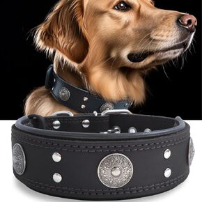 Leather Dog Collar, 2 inches Wide Heavy Duty Genuine Leather Collars, Handmade, Soft, and Luxury, Eye-catching Best Choice for Large and Medium Breed Dogs, Black 19.5-23.5 inches