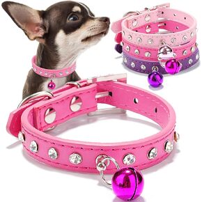 3 Pieces Chihuahua Collar with Bell Bling Dog Collar for Small Dogs Girl Cute Puppy Collars Diamond Extra Small Dog Collar Pink Soft Leather Pet Kitten Collar Xs, Rose Pink+Purple