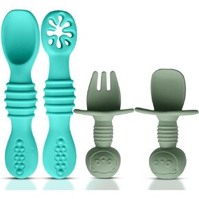 4pc Silicone Self feeding baby utensils 6-12 months, Toddler Cutlery Set, 3 baby spoon, 1 baby fork, Toddler Utensils, BPA Free Silicone, Dishwasher Safe, Baby eating essentials (Blue/Green)