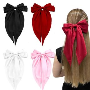 4 Pieces Silky Satin Hair Bows Big Hair Bows Ribbon Hair Barrettes Clip for Women Oversized Long Tail Metal Pins French Barrette Bowknot Hair Accessories
