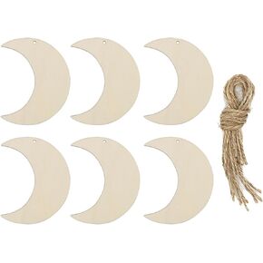 20pcs Moon Wood DIY Crafts Cutouts Wooden Moon Shaped Hanging Ornaments with Hole Hemp Ropes Gift Tags for Wedding Birthday Christmas Decorations