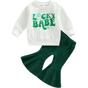 Lamuusaa St Patricks Day Baby Girl Outfit Long Sleeve Lucky Babe Sweatshirt Green Ribbed Flared Pants 2Pcs Clothes Set