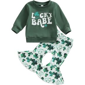 Lamuusaa St Patricks Day طفلة الزي كم طويل لاكي فاتنة البلوز الأخضر مضلع متوهج السراويل 2 قطعة مجموعة الملابس