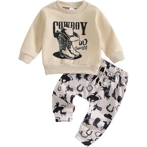 SAYOO Western Baby Boy Clothes Cow Print Sweatshirt Pullover Top Jogger Pants 2Pcs Toddler Boy Cowboy Fall Winter Outfits (Khaki # E, 18-24 Months)