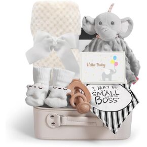 iAOVUEBY Baby Shower Gifts, Baby Boy Gift Basket Set Newborn Blanket Elephant Lovey Baby Security Blanket Wooden Rattle Toy, Funny Bibs Socks & Greeting Card, New Boys Baby Gift Essentials in Kuwait