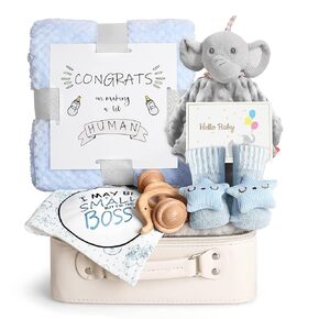 Baby Shower Gifts, Baby Boy Gifts, Christmas Baby Gift Set for Newborn Essentials Baby Blanket Elephant Lovey Wooden Rattle, Infant Bibs Socks & Greeting Card, Gender Reveal Gift Basket