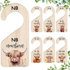 7 Pcs Highland Cow Baby Closet Dividers Double Sided Wooden Nursery Closet Dividers for Baby Boy Girl Newborn to 24 Months Home Nursery Supplies