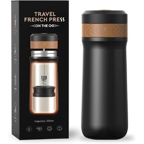 FOXNSK Portable French Press Travel Coffee Maker, 320ML Hot & Cold Brew French Presses Stainless Steel French Press Coffee Maker Vacuum Insulated Travel French Press Mug