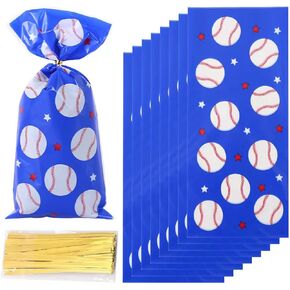 RS 50Pcs Baseball Treat Bags Baseball Candy Bags Heat Sealable Baseball Cellophane Bags with 50Pcs Twist Ties for Birthday Kids Party Football