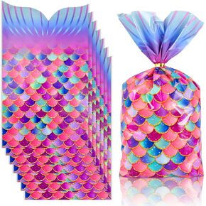 Bnsikun 100 Pack Mermaid Party Favors Bags Mermaid Plastic Goodie Bags Bottom Mermaid Cellophane Treat Bags for Birthday Sea Themed Party Supplies（colour）
