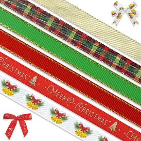 Threetols 6 Rolls 30 Yards Christmas Ribbon 3/8" Xmas Glitter Grosgrain Ribbons Green Red Buffalo Plaid Ribbons Christmas Bell Gift Wrapping Craft Mesh Ribbons for New Year Christmas Party Decor