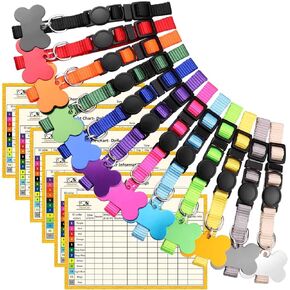 Upgraded Puppy Collars for Litter Puppy ID Collars Whelping Supplies Soft Nylon Breakaway Coloured Collars with 12 ID Tags and 6 Record Keeping Charts(S)