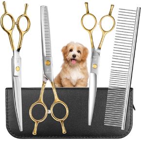 6 in 1 Dog Grooming Scissors Set - Durable Stainless Steel Golden Dog Grooming Shears Curved, Thinning & Straight - Poodle Grooming Kit Dog Groomer Gifts with Safe Tips for Home DIY/Professional Use