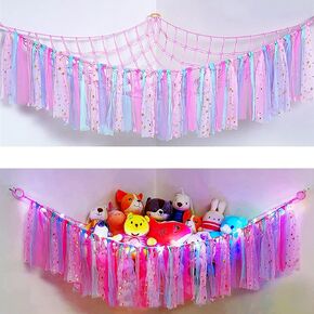 Stuffed Animal Net Stuffed Animal Storage Hammock with LED Lights Colorful Tassels Hammock Hanging Stuffed Toy Storage Organizer Holder for Nursery Play Room Kids Bedroom(Purple)