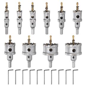 HARFINGTON 10pcs Metal Hole Saw Kit TCT Carbide Cutter 5/8" to 2-1/8" Dia for Cutting Stainless Steel, Steel, Iron, Copper, Aluminum, Plastic