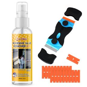Adhesive Remover for Cars, 3.3 fl.oz Car Sticker Remover Spray with Scraper & Extra Plastic Razor Blades, Sticker Remover for Cars, Windows, Rapidly Removes Labels, Sticker, Glue