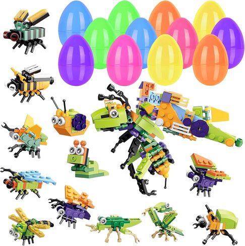 12 قطعة من بيض عيد الفصح المملوء مسبقًا مع مكعبات بناء الحشرات بالداخل للأطفال، 12 في 1 مكعبات بناء صغيرة للأطفال هدايا حفلات عيد الفصح، حشو حشو سلة عيد الفصح، صيد بيض عيد الفصح in Kuwait