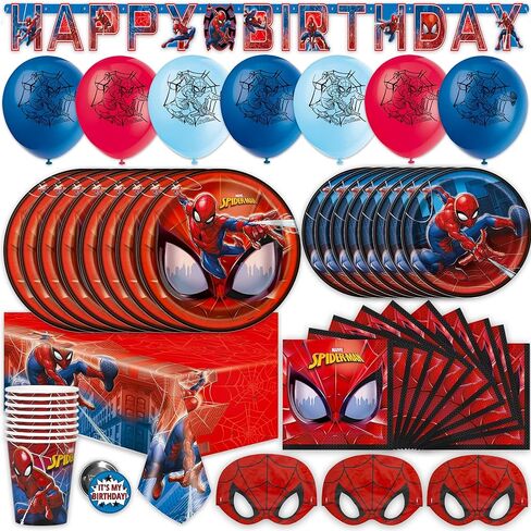 Spiderman Birthday Party Supplies Set | Spiderman Party Supplies | Spiderman Birthday Decorations | Serves 16 Guests | With Balloons, Banner, Table Cover, Plates, Cups, Napkins, Masks, Button in Saudi Arabia