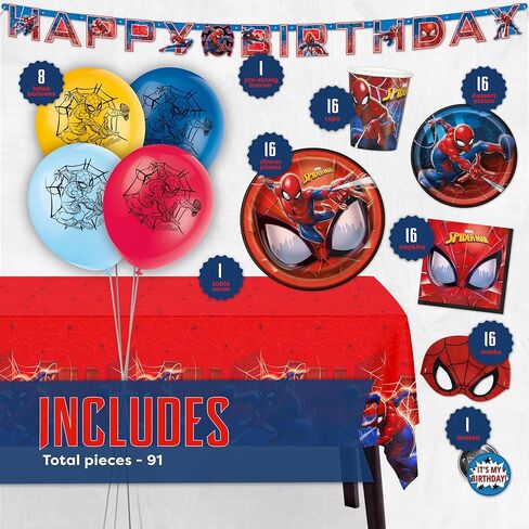 Spiderman Birthday Party Supplies Set | Spiderman Party Supplies | Spiderman Birthday Decorations | Serves 16 Guests | With Balloons, Banner, Table Cover, Plates, Cups, Napkins, Masks, Button in Saudi Arabia