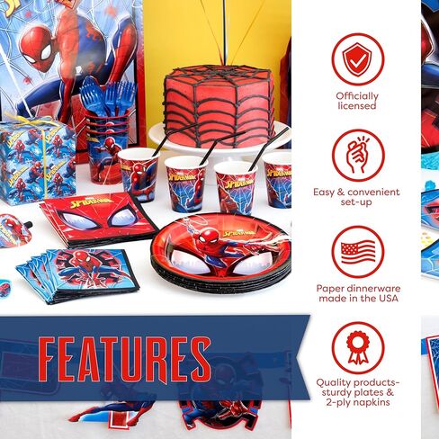 Spiderman Birthday Party Supplies Set | Spiderman Party Supplies | Spiderman Birthday Decorations | Serves 16 Guests | With Balloons, Banner, Table Cover, Plates, Cups, Napkins, Masks, Button in Saudi Arabia