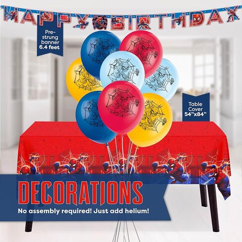 Spiderman Birthday Party Supplies Set | Spiderman Party Supplies | Spiderman Birthday Decorations | Serves 16 Guests | With Balloons, Banner, Table Cover, Plates, Cups, Napkins, Masks, Button in Saudi Arabia
