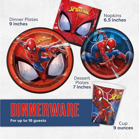 Spiderman Birthday Party Supplies Set | Spiderman Party Supplies | Spiderman Birthday Decorations | Serves 16 Guests | With Balloons, Banner, Table Cover, Plates, Cups, Napkins, Masks, Button in Saudi Arabia