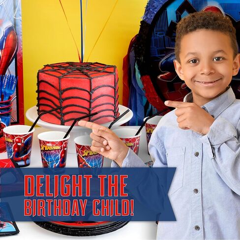 Spiderman Birthday Party Supplies Set | Spiderman Party Supplies | Spiderman Birthday Decorations | Serves 16 Guests | With Balloons, Banner, Table Cover, Plates, Cups, Napkins, Masks, Button in Saudi Arabia