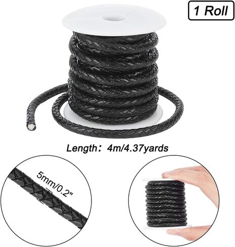 PH PandaHall 1 Roll 3mm Round Folded Bolo PU Braided Leather Cord Each 5.5 Yard for Necklace Bracelet Jewelry Making Black in Saudi Arabia